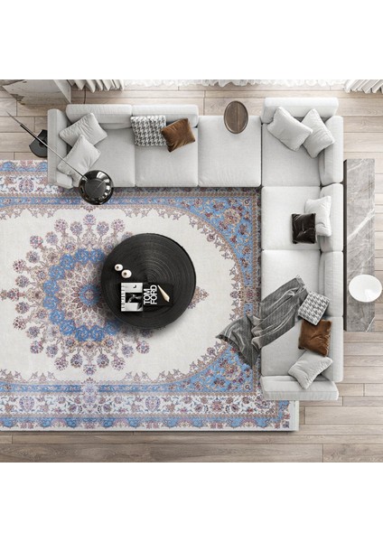 Mavi Klasik Etnik Modern Desenli Pamuk Makinada Yıkanabilir Hav Toz Vermez Leke Tutmayan Kaymaz Taban Dijital Makine Baskı Salon Yolluk Mutfak Halı modelleri
