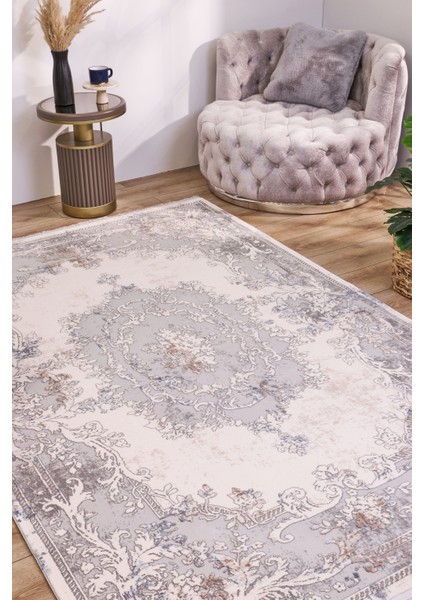 Pranjali Gri Göbekli Etnik Modern Desenli Viskon Hav Vermeyen Leke Tutmayan Kolay Temizlenen Yumuşak Makine Salon Yolluk Mutfak Halı modelleri