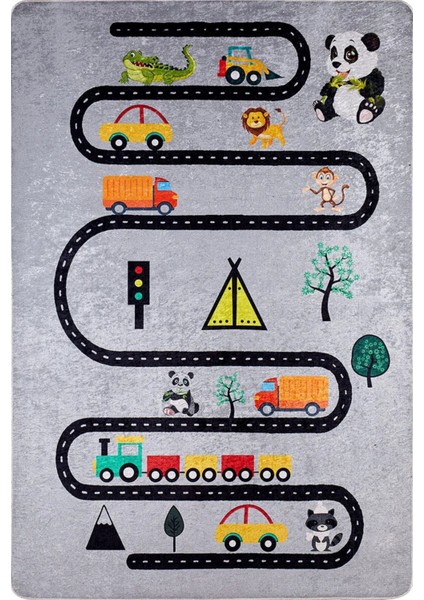 Toledo Figürlü Gri Polyester Dikdörtgen Modern Desenli Pamuk Makinada Yıkanabilir Hav Toz Vermez Leke Tutmayan Kaymaz Taban Dijital Makine Baskı Salon Yolluk Mutfak Halı