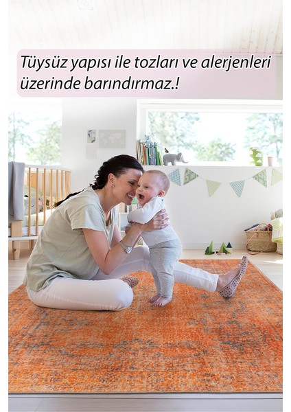 Porthcurno Klasik Turuncu Polyester Dikdörtgen Modern Desenli Pamuk Makinada Yıkanabilir Hav Toz Vermez Leke Tutmayan Kaymaz Taban Dijital Makine Baskı Salon Yolluk Mutfak Halı modelleri