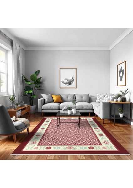 Çerçeveli Kırmızı Pamuk Dikdörtgen Modern Desenli Pamuk Makinada Yıkanabilir Hav Toz Vermez Leke Tutmayan Kaymaz Taban Dijital Makine Baskı Salon Yolluk Mutfak Halı fırsatları