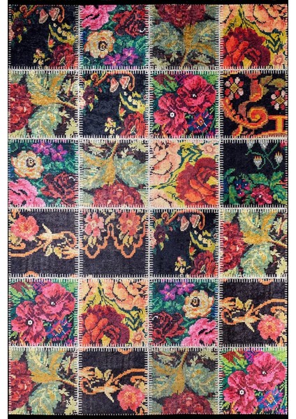 Holland Siyah Patchwork Etnik Modern Desenli Makinada Yıkanabilir Hav Toz Vermez Leke Tutmayan Kaymaz Taban Dijital Makine Baskı Salon Yolluk Mutfak Halı