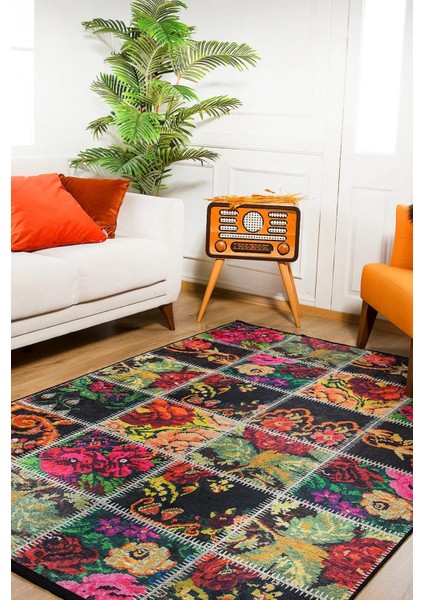 Holland Siyah Patchwork Etnik Modern Desenli Makinada Yıkanabilir Hav Toz Vermez Leke Tutmayan Kaymaz Taban Dijital Makine Baskı Salon Yolluk Mutfak Halı fiyatları