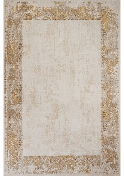 Bej Çerçeveli Etnik Modern Desenli Pamuk Makinada Yıkanabilir Hav Toz Vermez Leke Tutmayan Kaymaz Taban Dijital Makine Baskı Salon Yolluk Mutfak Halı