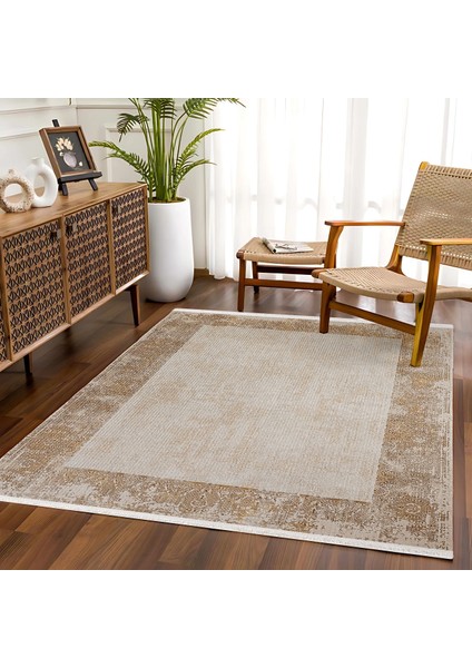 Bej Çerçeveli Etnik Modern Desenli Pamuk Makinada Yıkanabilir Hav Toz Vermez Leke Tutmayan Kaymaz Taban Dijital Makine Baskı Salon Yolluk Mutfak Halı fiyatları