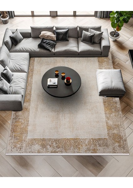 Bej Çerçeveli Etnik Modern Desenli Pamuk Makinada Yıkanabilir Hav Toz Vermez Leke Tutmayan Kaymaz Taban Dijital Makine Baskı Salon Yolluk Mutfak Halı fırsatları