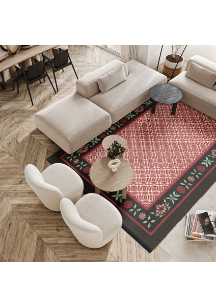 Çiçekli Kırmızı Pamuk Dikdörtgen Modern Desenli Pamuk Makinada Yıkanabilir Hav Toz Vermez Leke Tutmayan Kaymaz Taban Dijital Makine Baskı Salon Yolluk Mutfak Halı fırsatları