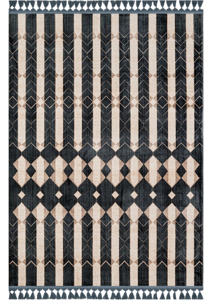 Prabhas Siyah Modern Etnik Desenli Kadife Makinada Yıkanabilir Hav Toz Vermez Leke Tutmayan Kaymaz Taban Dijital Makine Baskı Salon Yolluk Mutfak Halı