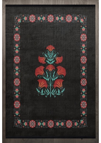 Çiçekli Siyah Pamuk Dikdörtgen Modern Desenli Pamuk Makinada Yıkanabilir Hav Toz Vermez Leke Tutmayan Kaymaz Taban Dijital Makine Baskı Salon Yolluk Mutfak Halı