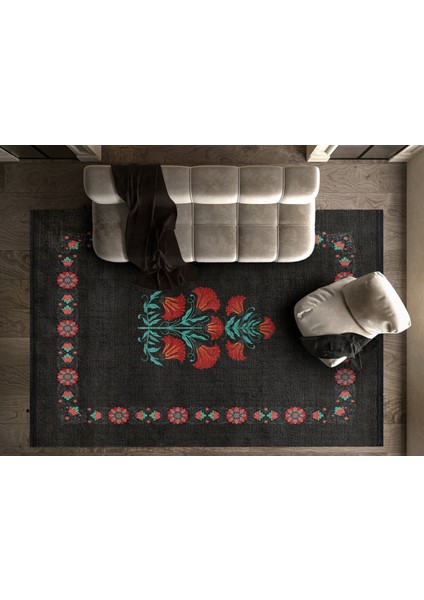 Çiçekli Siyah Pamuk Dikdörtgen Modern Desenli Pamuk Makinada Yıkanabilir Hav Toz Vermez Leke Tutmayan Kaymaz Taban Dijital Makine Baskı Salon Yolluk Mutfak Halı fiyatları
