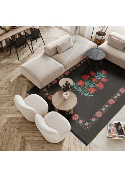 Çiçekli Siyah Pamuk Dikdörtgen Modern Desenli Pamuk Makinada Yıkanabilir Hav Toz Vermez Leke Tutmayan Kaymaz Taban Dijital Makine Baskı Salon Yolluk Mutfak Halı modelleri