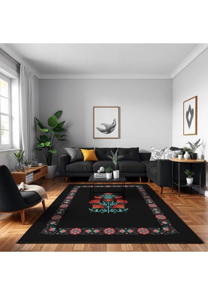 Çiçekli Siyah Pamuk Dikdörtgen Modern Desenli Pamuk Makinada Yıkanabilir Hav Toz Vermez Leke Tutmayan Kaymaz Taban Dijital Makine Baskı Salon Yolluk Mutfak Halı fırsatları