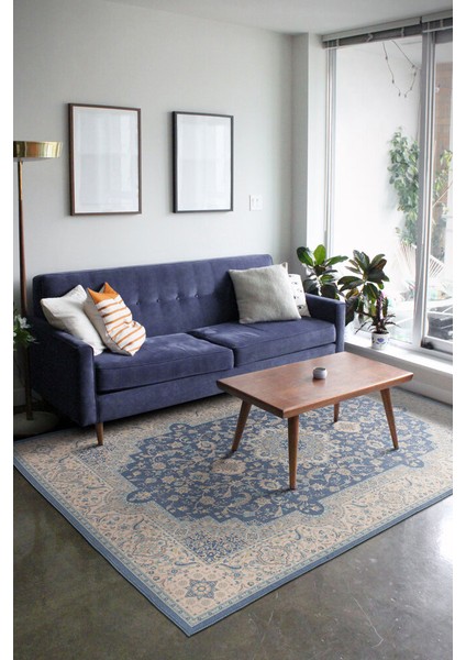 Glyfada Eskitme Mavi Polyester Kare Modern Desenli Pamuk Makinada Yıkanabilir Hav Toz Vermez Leke Tutmayan Kaymaz Taban Dijital Makine Baskı Salon Yolluk Mutfak Halı