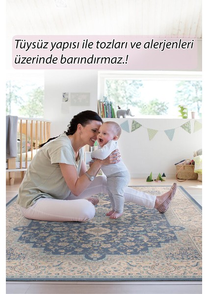 Glyfada Eskitme Mavi Polyester Kare Modern Desenli Pamuk Makinada Yıkanabilir Hav Toz Vermez Leke Tutmayan Kaymaz Taban Dijital Makine Baskı Salon Yolluk Mutfak Halı modelleri