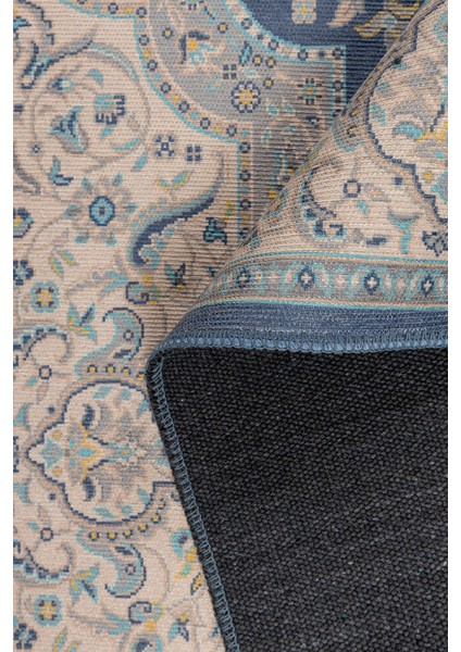 Glyfada Eskitme Mavi Polyester Kare Modern Desenli Pamuk Makinada Yıkanabilir Hav Toz Vermez Leke Tutmayan Kaymaz Taban Dijital Makine Baskı Salon Yolluk Mutfak Halı fırsatları