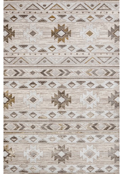 Bej Geometrik Etnik Modern Desenli Pamuk Makinada Yıkanabilir Hav Toz Vermez Leke Tutmayan Kaymaz Taban Dijital Makine Baskı Salon Yolluk Mutfak Halı