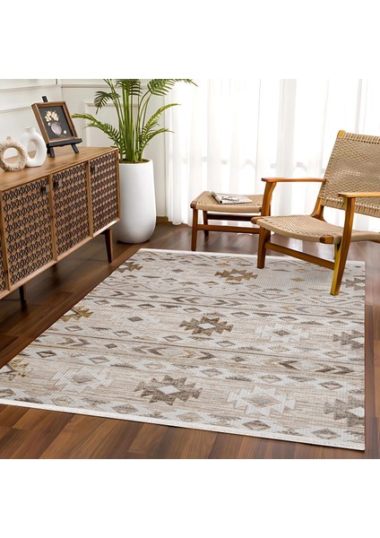 Bej Geometrik Etnik Modern Desenli Pamuk Makinada Yıkanabilir Hav Toz Vermez Leke Tutmayan Kaymaz Taban Dijital Makine Baskı Salon Yolluk Mutfak Halı modelleri