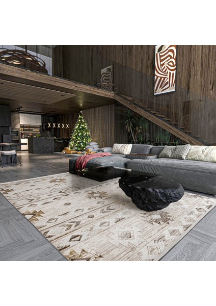 Bej Geometrik Etnik Modern Desenli Pamuk Makinada Yıkanabilir Hav Toz Vermez Leke Tutmayan Kaymaz Taban Dijital Makine Baskı Salon Yolluk Mutfak Halı fırsatları