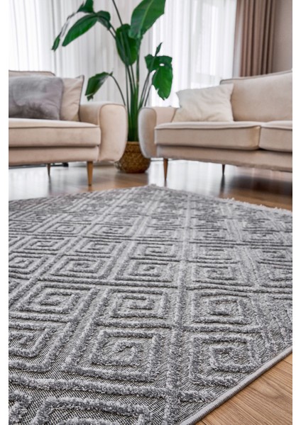 Gri Geometrik Etnik Modern Desenli Hav Vermeyen Leke Tutmayan Kolay Temizlenen Yumuşak Makine Salon Yolluk Mutfak Halı modelleri