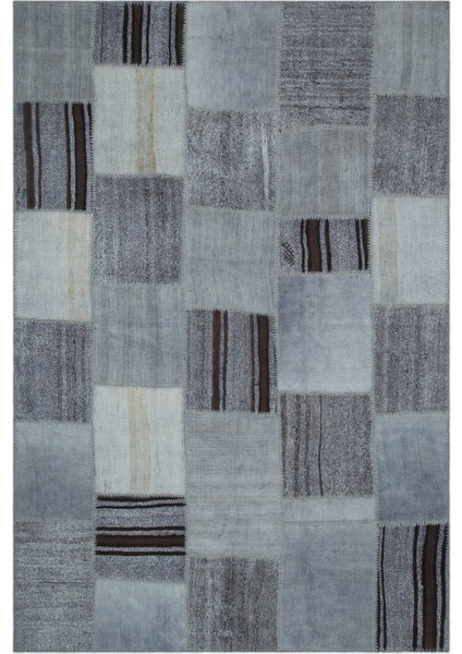 Teselya Gri Patchwork Etnik Modern Desenli Yün Hav Toz Vermez Leke Tutmayan Salon Yolluk Mutfak El Dokuma Halı