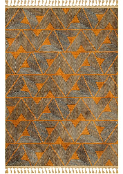 Prabhav Turuncu Geometrik Etnik Modern Desenli Bambu Makinada Yıkanabilir Hav Toz Vermez Leke Tutmayan Kaymaz Taban Dijital Makine Baskı Salon Yolluk Mutfak Halı