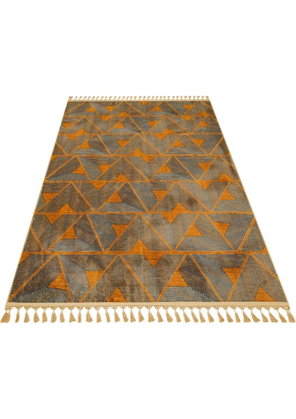 Prabhav Turuncu Geometrik Etnik Modern Desenli Bambu Makinada Yıkanabilir Hav Toz Vermez Leke Tutmayan Kaymaz Taban Dijital Makine Baskı Salon Yolluk Mutfak Halı fiyatları