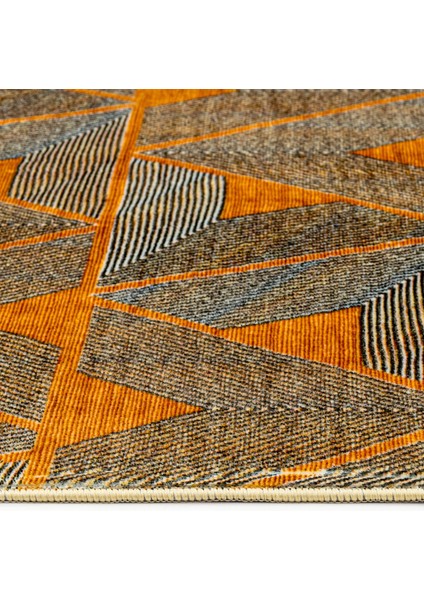 Prabhav Turuncu Geometrik Etnik Modern Desenli Bambu Makinada Yıkanabilir Hav Toz Vermez Leke Tutmayan Kaymaz Taban Dijital Makine Baskı Salon Yolluk Mutfak Halı modelleri