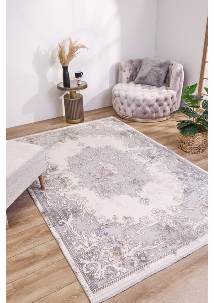 Pranjali Gri Göbekli Etnik Modern Desenli Viskon Hav Vermeyen Leke Tutmayan Kolay Temizlenen Yumuşak Makine Salon Yolluk Mutfak Halı