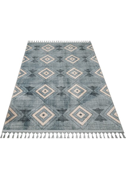 Pritha Mavi Geometrik Etnik Modern Desenli Kadife Makinada Yıkanabilir Hav Toz Vermez Leke Tutmayan Kaymaz Taban Dijital Makine Baskı Salon Yolluk Mutfak Halı fiyatları