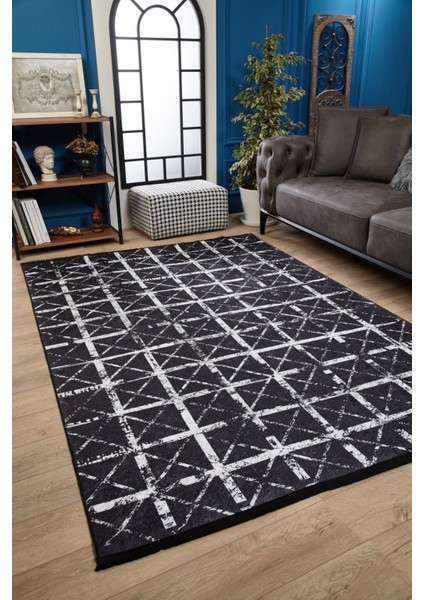 Meshed Siyah Çizgili Etnik Modern Desenli Makinada Yıkanabilir Hav Toz Vermez Leke Tutmayan Kaymaz Taban Dijital Makine Baskı Salon Yolluk Mutfak Halı modelleri