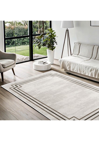 Krem Çerçeveli Etnik Modern Desenli Pamuk Makinada Yıkanabilir Hav Toz Vermez Leke Tutmayan Kaymaz Taban Dijital Makine Baskı Salon Yolluk Mutfak Halı modelleri