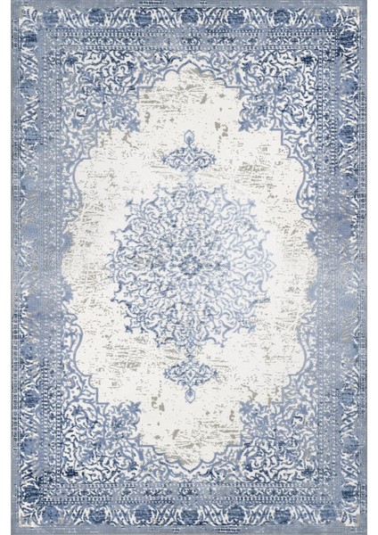 Mavi Klasik Etnik Modern Desenli Pamuk Makinada Yıkanabilir Hav Toz Vermez Leke Tutmayan Kaymaz Taban Dijital Makine Baskı Salon Yolluk Mutfak Halı