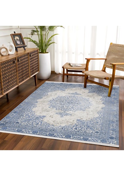 Mavi Klasik Etnik Modern Desenli Pamuk Makinada Yıkanabilir Hav Toz Vermez Leke Tutmayan Kaymaz Taban Dijital Makine Baskı Salon Yolluk Mutfak Halı fırsatları