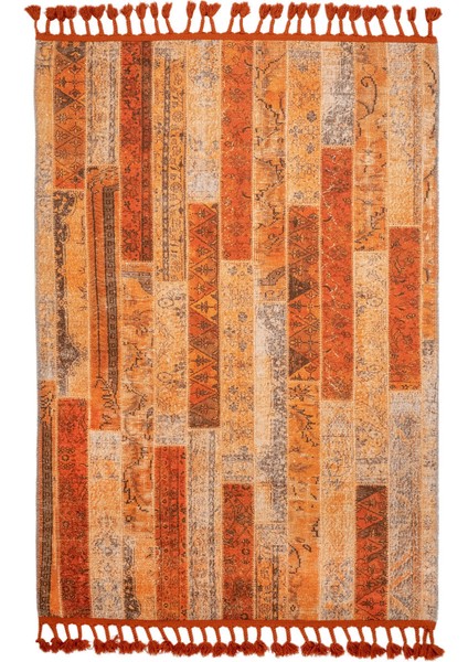 Bohinj Patchwork Turuncu Pamuk Kare Modern Desenli Pamuk Makinada Yıkanabilir Hav Toz Vermez Leke Tutmayan Kaymaz Taban Dijital Makine Baskı Salon Yolluk Mutfak Halı