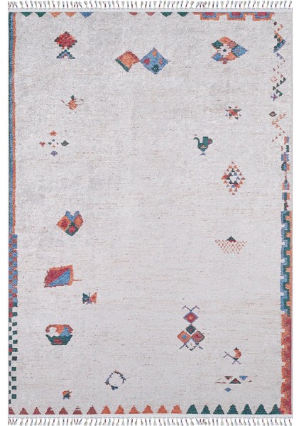 Miroslawiec Krem Modern Etnik Desenli Makinada Yıkanabilir Hav Toz Vermez Leke Tutmayan Kaymaz Taban Dijital Makine Baskı Salon Yolluk Mutfak Halı