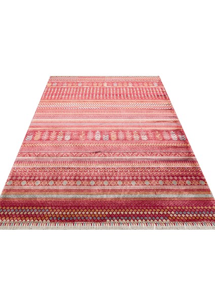 Geometrik Kırmızı Tensel Dikdörtgen Modern Desenli Akrilik Hav Vermeyen Leke Tutmayan Kolay Temizlenen Yumuşak Makine Salon Yolluk Mutfak Halı