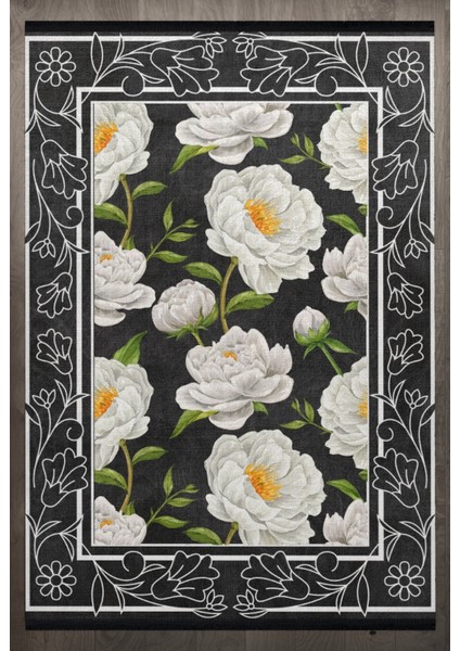 Çiçekli Siyah Pamuk Dikdörtgen Modern Desenli Pamuk Makinada Yıkanabilir Hav Toz Vermez Leke Tutmayan Kaymaz Taban Dijital Makine Baskı Salon Yolluk Mutfak Halı