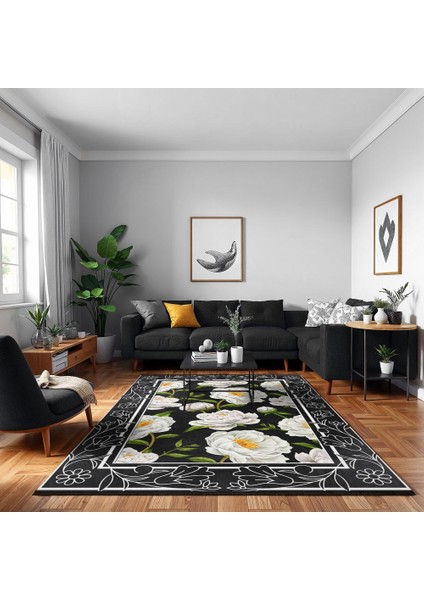 Çiçekli Siyah Pamuk Dikdörtgen Modern Desenli Pamuk Makinada Yıkanabilir Hav Toz Vermez Leke Tutmayan Kaymaz Taban Dijital Makine Baskı Salon Yolluk Mutfak Halı fiyatları