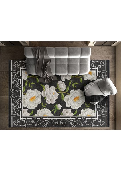 Çiçekli Siyah Pamuk Dikdörtgen Modern Desenli Pamuk Makinada Yıkanabilir Hav Toz Vermez Leke Tutmayan Kaymaz Taban Dijital Makine Baskı Salon Yolluk Mutfak Halı modelleri