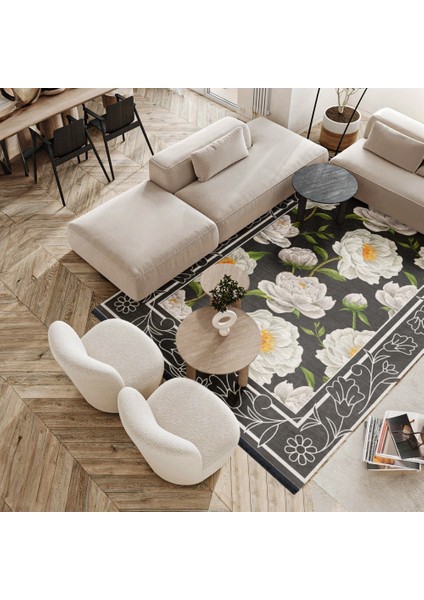 Çiçekli Siyah Pamuk Dikdörtgen Modern Desenli Pamuk Makinada Yıkanabilir Hav Toz Vermez Leke Tutmayan Kaymaz Taban Dijital Makine Baskı Salon Yolluk Mutfak Halı fırsatları