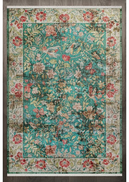 Çiçekli Yeşil Pamuk Dikdörtgen Modern Desenli Pamuk Makinada Yıkanabilir Hav Toz Vermez Leke Tutmayan Kaymaz Taban Dijital Makine Baskı Salon Yolluk Mutfak Halı