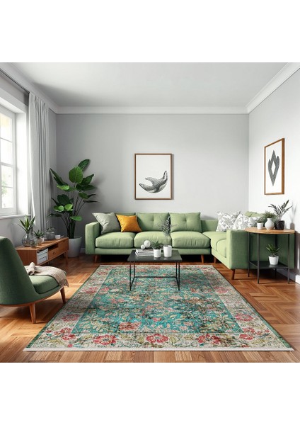 Çiçekli Yeşil Pamuk Dikdörtgen Modern Desenli Pamuk Makinada Yıkanabilir Hav Toz Vermez Leke Tutmayan Kaymaz Taban Dijital Makine Baskı Salon Yolluk Mutfak Halı fırsatları