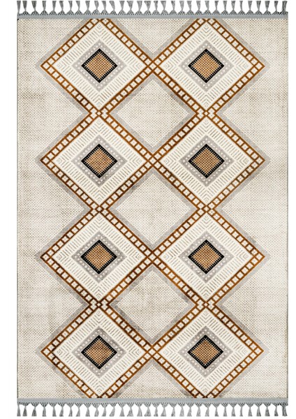 Prabhakar Krem Geometrik Etnik Modern Desenli Bambu Makinada Yıkanabilir Hav Toz Vermez Leke Tutmayan Kaymaz Taban Dijital Makine Baskı Salon Yolluk Mutfak Halı