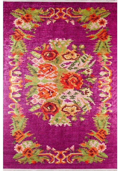Uhta Pembe Çiçekli Etnik Modern Desenli Makinada Yıkanabilir Hav Toz Vermez Leke Tutmayan Kaymaz Taban Dijital Makine Baskı Salon Yolluk Mutfak Halı