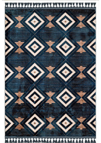 Prashanth Lacivert Geometrik Etnik Modern Desenli Kadife Makinada Yıkanabilir Hav Toz Vermez Leke Tutmayan Kaymaz Taban Dijital Makine Baskı Salon Yolluk Mutfak Halı