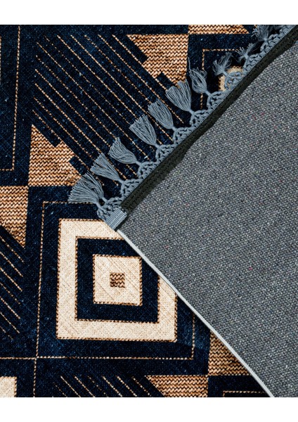 Prashanth Lacivert Geometrik Etnik Modern Desenli Kadife Makinada Yıkanabilir Hav Toz Vermez Leke Tutmayan Kaymaz Taban Dijital Makine Baskı Salon Yolluk Mutfak Halı fırsatları