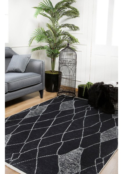 Glazov Siyah Geometrik Etnik Modern Desenli Makinada Yıkanabilir Hav Toz Vermez Leke Tutmayan Kaymaz Taban Dijital Makine Baskı Salon Yolluk Mutfak Halı fırsatları