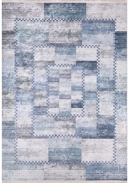 Cengdu Mavi Patchwork Etnik Modern Desenli Makinada Yıkanabilir Hav Toz Vermez Leke Tutmayan Kaymaz Taban Dijital Makine Baskı Salon Yolluk Mutfak Halı