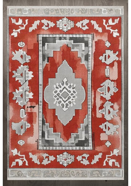 Çerçeveli Kırmızı Pamuk Dikdörtgen Modern Desenli Pamuk Makinada Yıkanabilir Hav Toz Vermez Leke Tutmayan Kaymaz Taban Dijital Makine Baskı Salon Yolluk Mutfak Halı