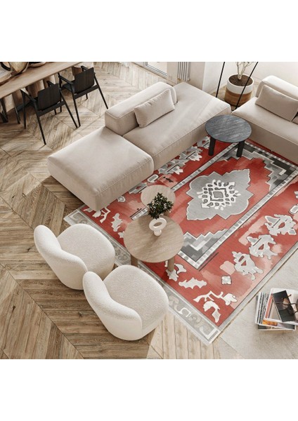 Çerçeveli Kırmızı Pamuk Dikdörtgen Modern Desenli Pamuk Makinada Yıkanabilir Hav Toz Vermez Leke Tutmayan Kaymaz Taban Dijital Makine Baskı Salon Yolluk Mutfak Halı fırsatları